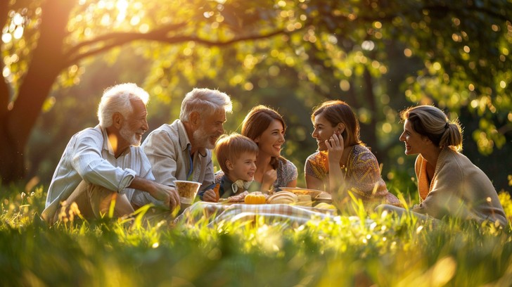 Happy multi-generational family sitting together outdoors